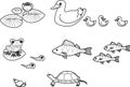Coloring page with set of pond cartoon inhabitants: duck with ducklings, frog and tadpoles, fishes, turtle, Royalty Free Stock Photo